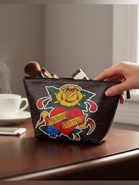 NWT Ed Hardy "Eternal Love" Rhinestone Cosmetic Bag